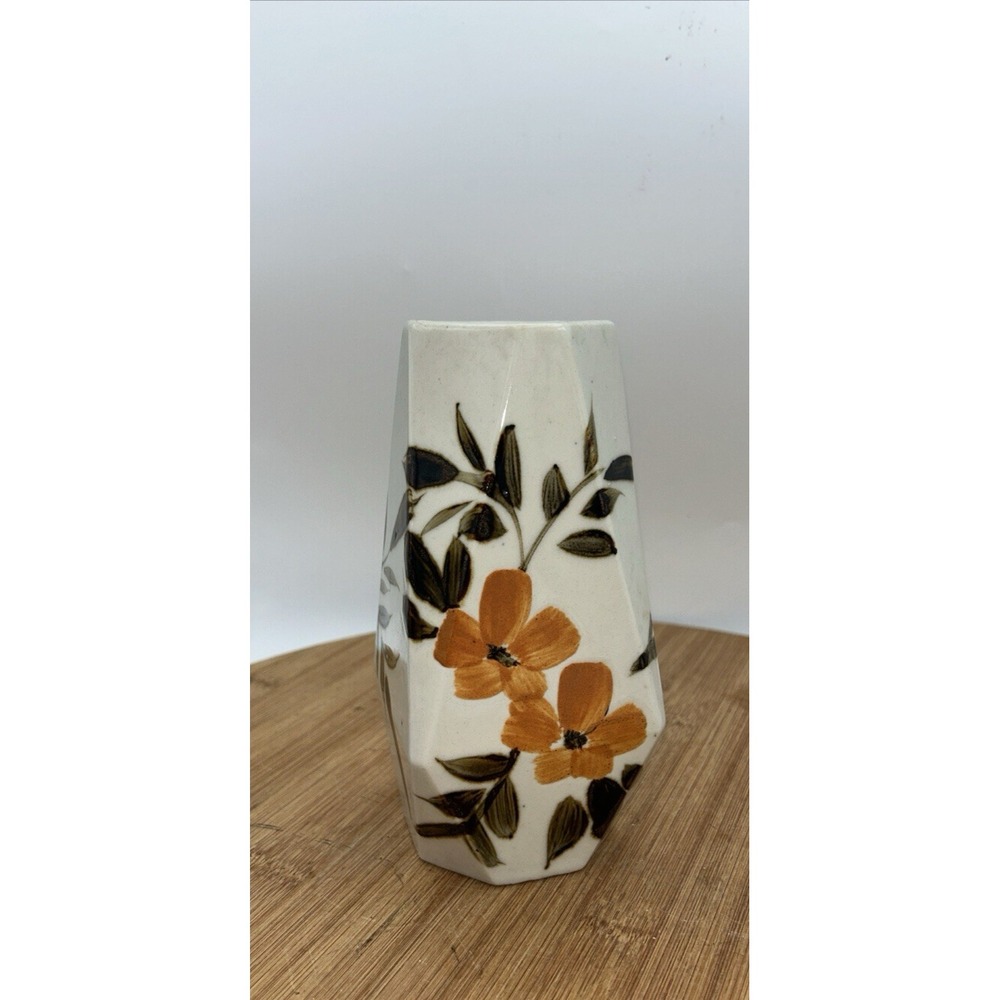 Vintage Octagon Oriental Vase With Hand Painted Textured Flower - 7.5"
